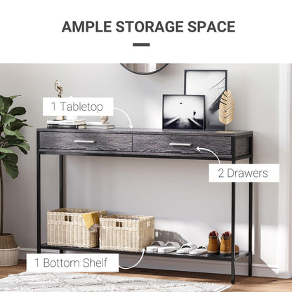 HOMCOM Console Table Worktop Bottom Shelf Home Two Drawer Industrial Minimal Style Grey Wood Tone Effect 
