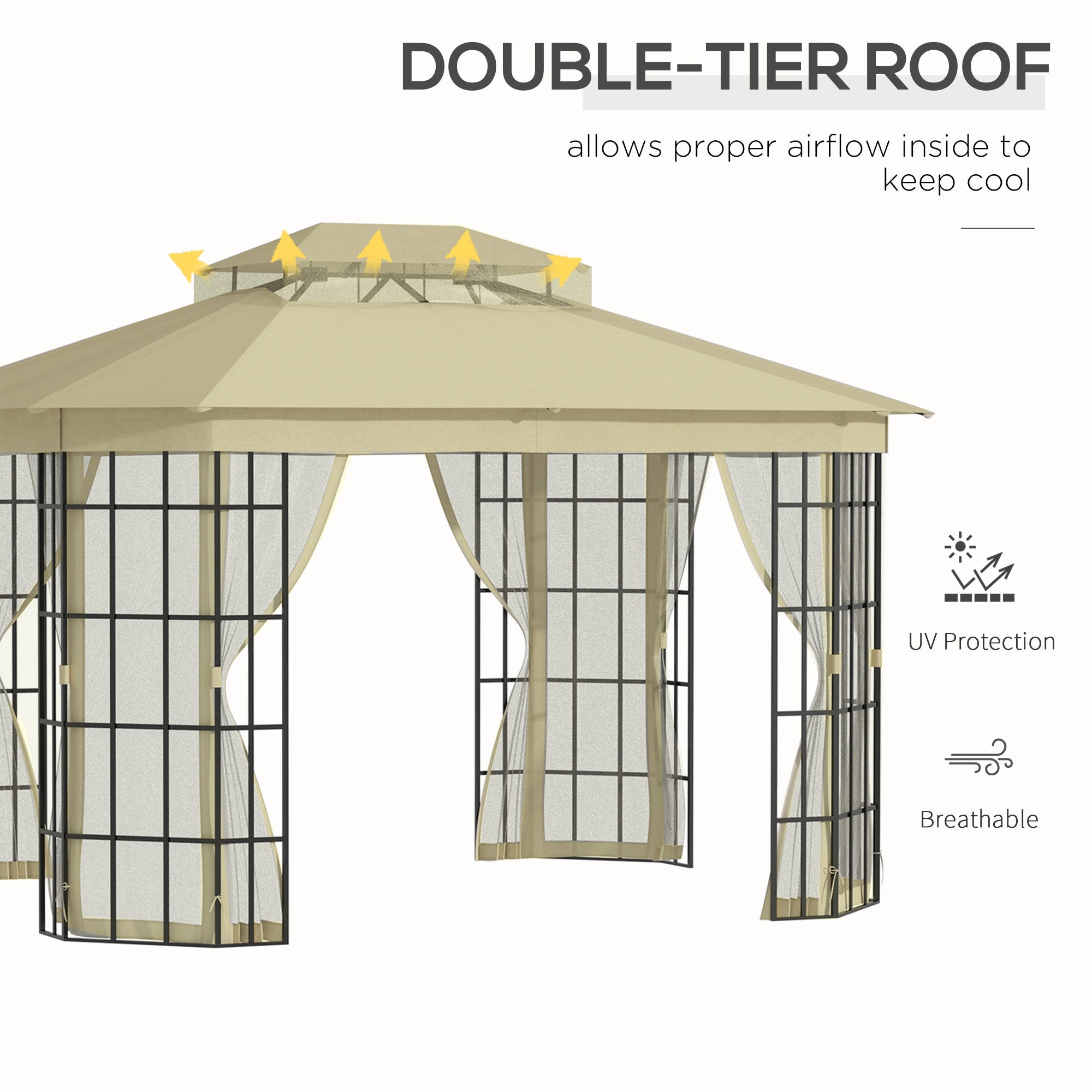 Outsunny 3.7 x 3(m) Patio Gazebo Canopy Garden Tent Shelter with 2 Tiers Roof and Mosquito Netting, Metal Frame, Beige