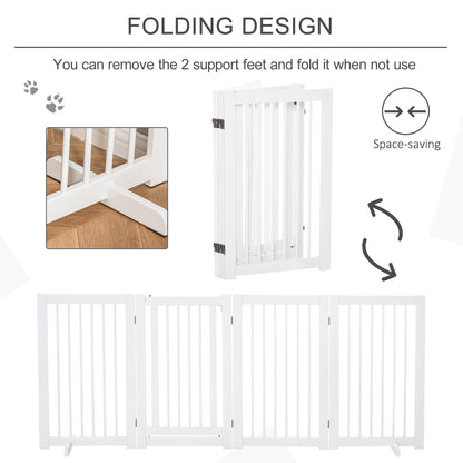 PawHut Freestanding Pet Gate 4 Panels Wooden Dog Safety Fence Foldable with Support Feet for Doorway Stairs 91cm Tall White 