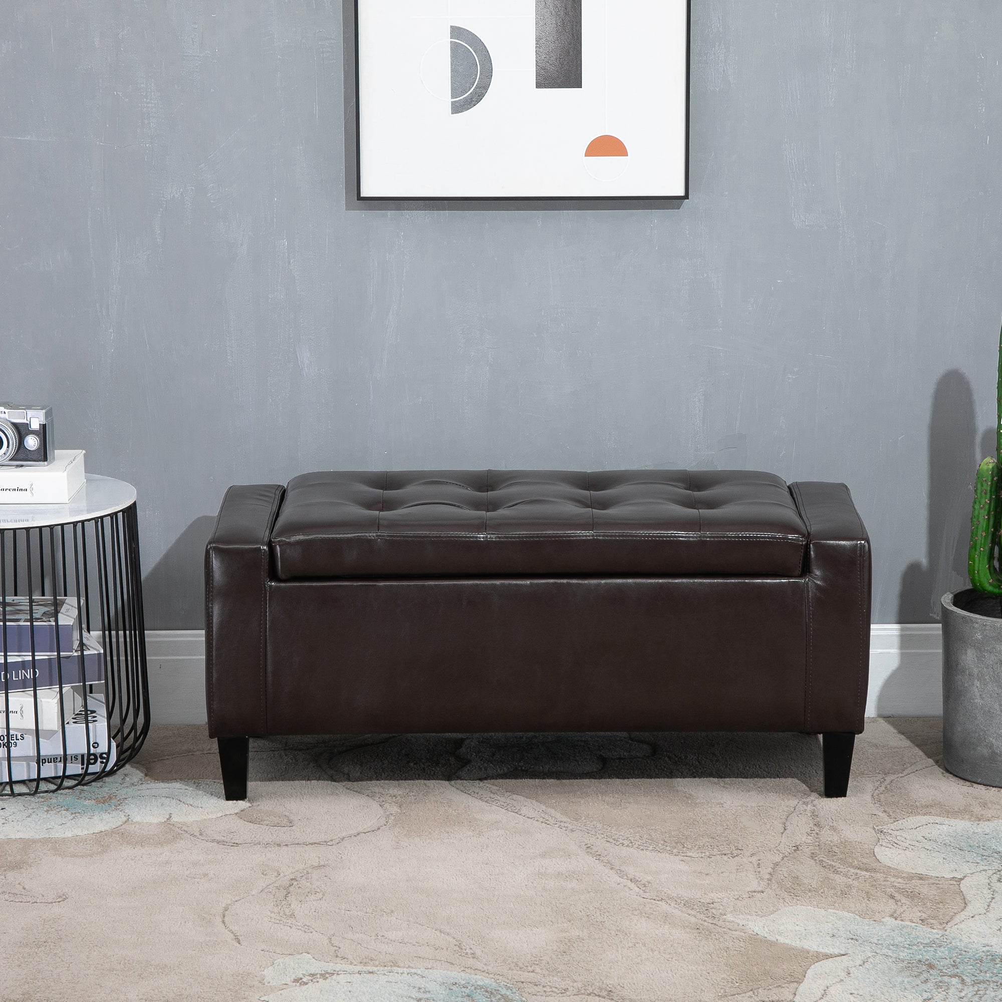 HOMCOM PU Leather Storage Ottoman Bench Storage Chest Tufted Ottoman Cube w/ Flipping Top 92L x 40W x 40H cm Brown 