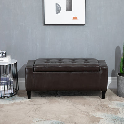 HOMCOM PU Leather Storage Ottoman Bench Storage Chest Tufted Ottoman Cube w/ Flipping Top 92L x 40W x 40H cm Brown 
