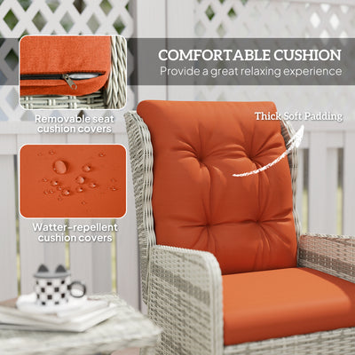 Outsunny 5 Pieces Rattan Bistro Set with Adjustable Back, Reclining Wicker Balcony Furniture with Cushions, Glass Top Coffee Table and Footstools, Outdoor Table and Chairs, Orange 