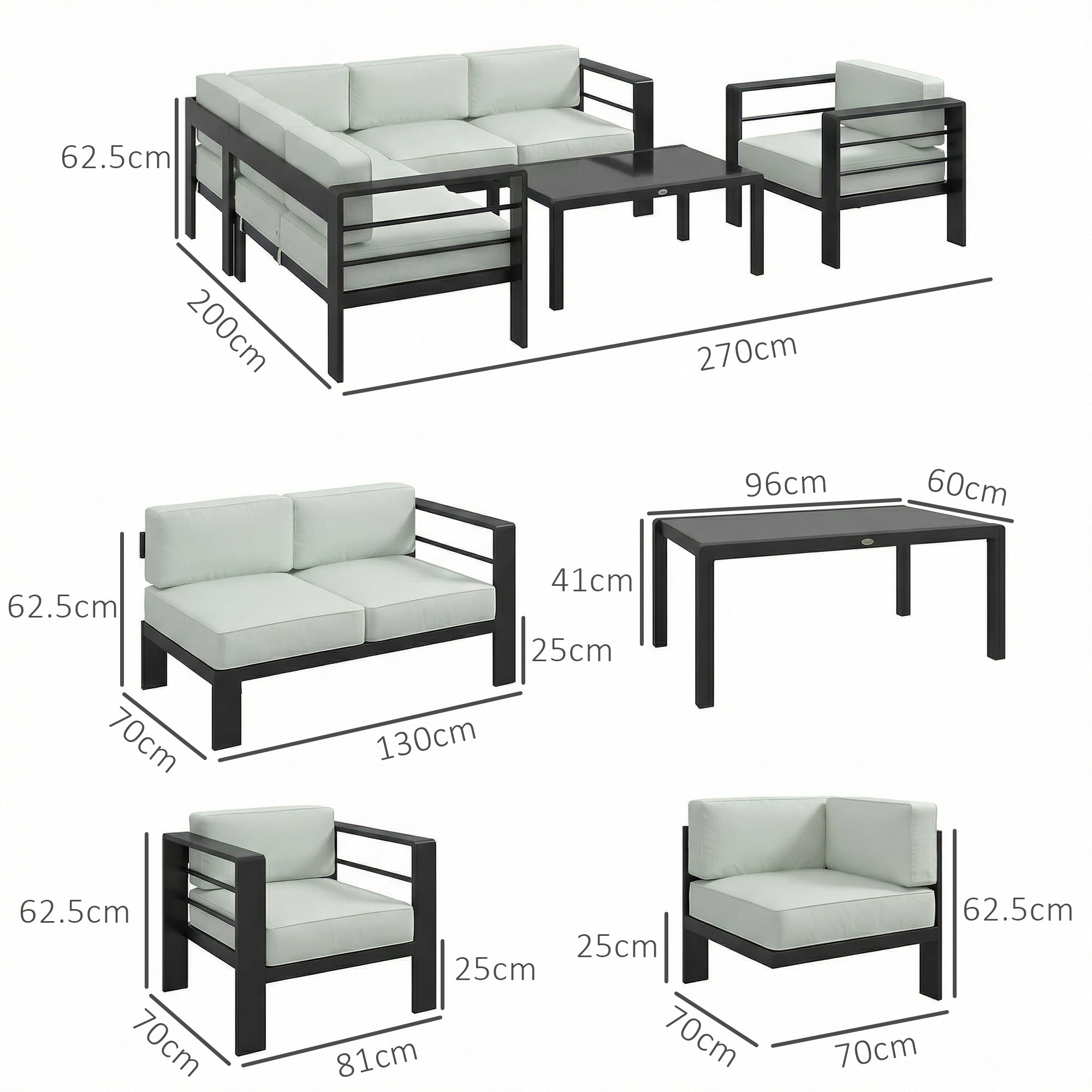 Outsunny 5-Piece Garden Corner Sofa Set with Cushions, 6 Seater Aluminium Garden Furniture Set with Coffee Table, Light Grey 