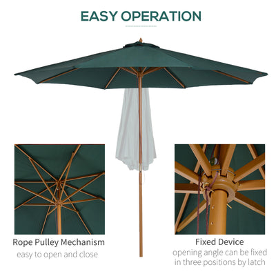 Outsunny 3(m) Wooden Patio Umbrella, Pulley Operated Garden Parasol with Rope Pulley Mechanism and 8 Ribs, Dark Green 