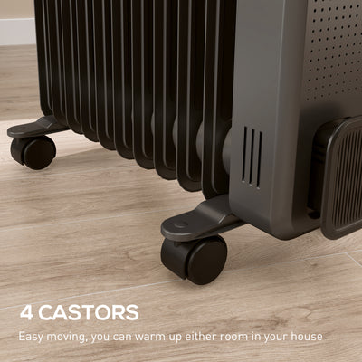 HOMCOM 2500W Oil Filled Radiator, 11 Fin, Portable Electric Heater with 3 Heat Settings, Safety Cut-Off and Wheels, Grey 