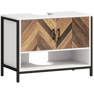 HOMCOM Under Sink Bathroom Cabinet, Rustic Under Sink Cabinet with Herringbone Doors and Open Compartment for Basin with or without Pedestal, 80 x 40 x 60cm, Cream White 