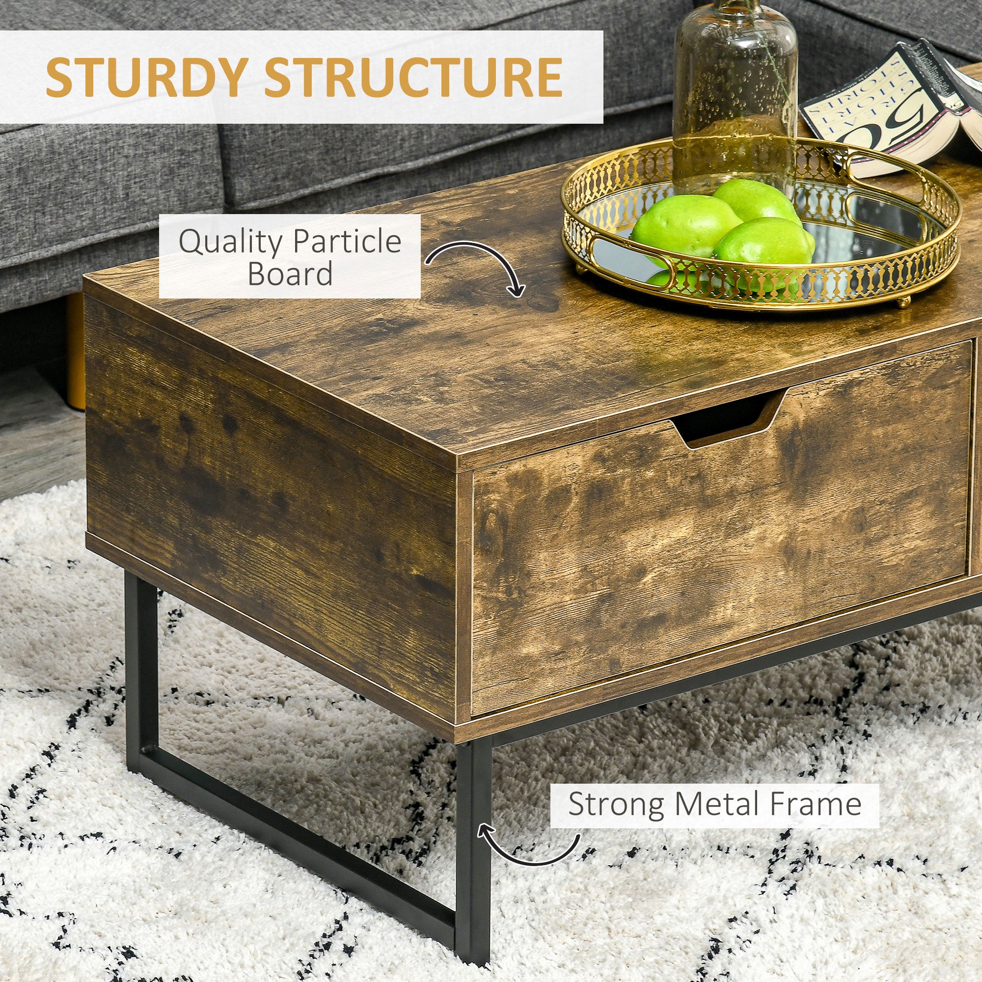 HOMCOM Industrial Coffee Table, Centre Table with Storage Shelf, Drawer and Metal Frame, Coffee Tables for Living Room, Office, 106W x 48D x 43H cm, Rustic Brown 