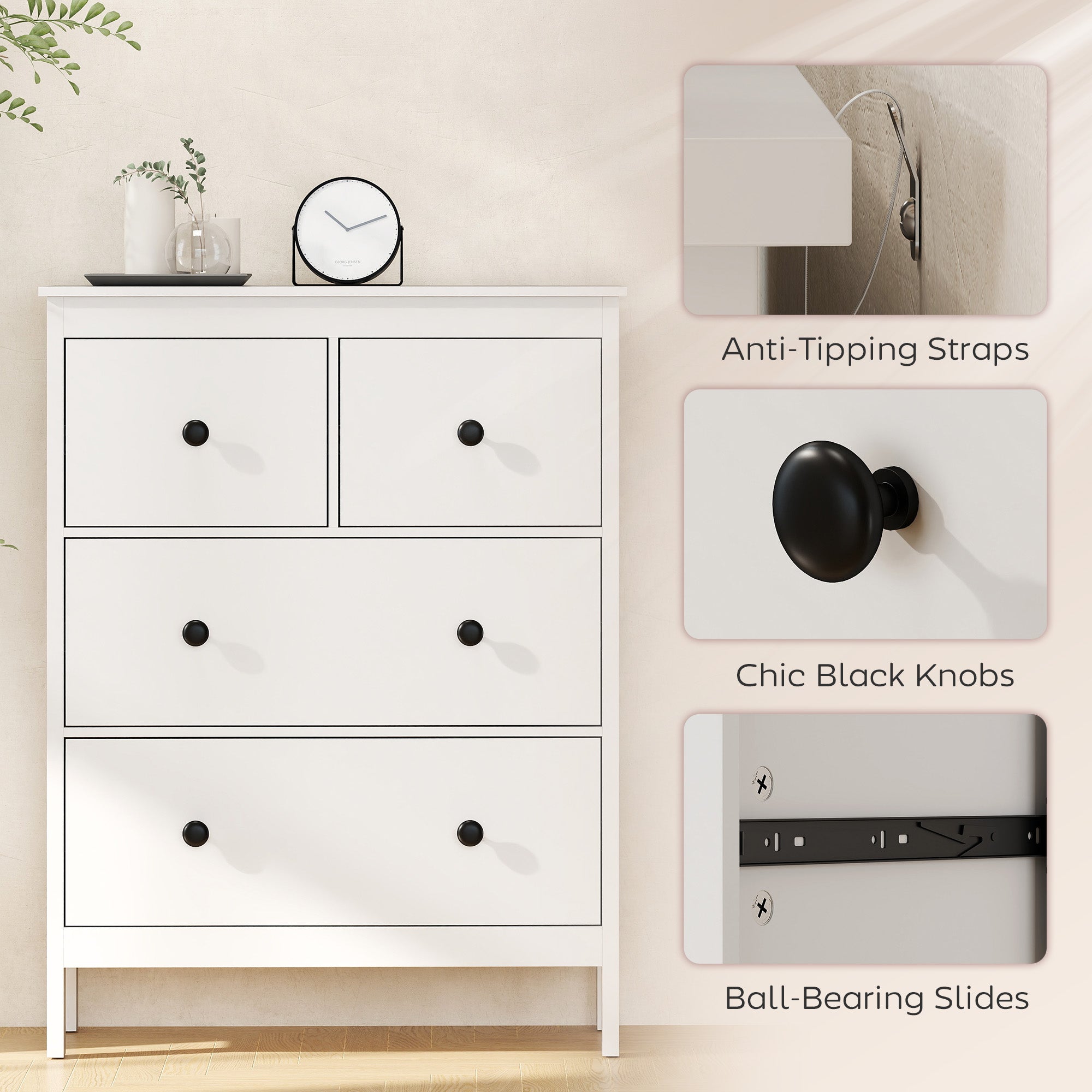 HOMCOM Modern Chest of Drawers, 4 Drawer Dresser Clothes Storage Organiser for Living Room, Hallway, Entryway, White 