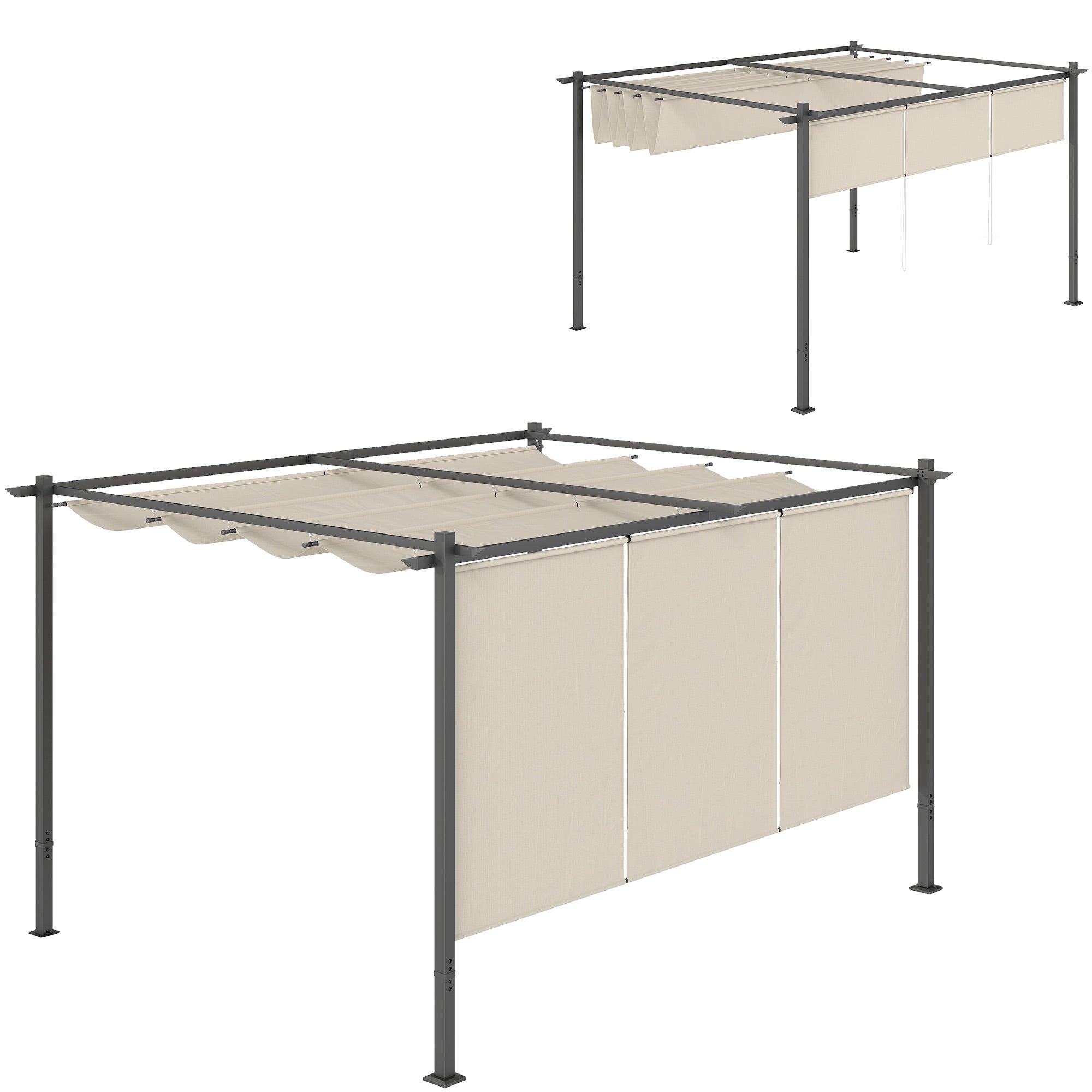 Outsunny 3 x 4m Metal Pergola with Retractable Roof and Roller Shade, Wall-Mounted or Free Standing Garden Gazebo Canopy Pergola Kit, UPF30+ Outdoor Sun Shade Shelter, Beige 