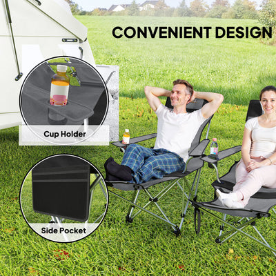 Outsunny Set of 2 Reclining Folding Camping Chair w/ Detachable Footrest, Storage Bag, Cup Holder & Headrest, Lightweight Portable Camp Chair for Beach, Picnic, Grey and Black 