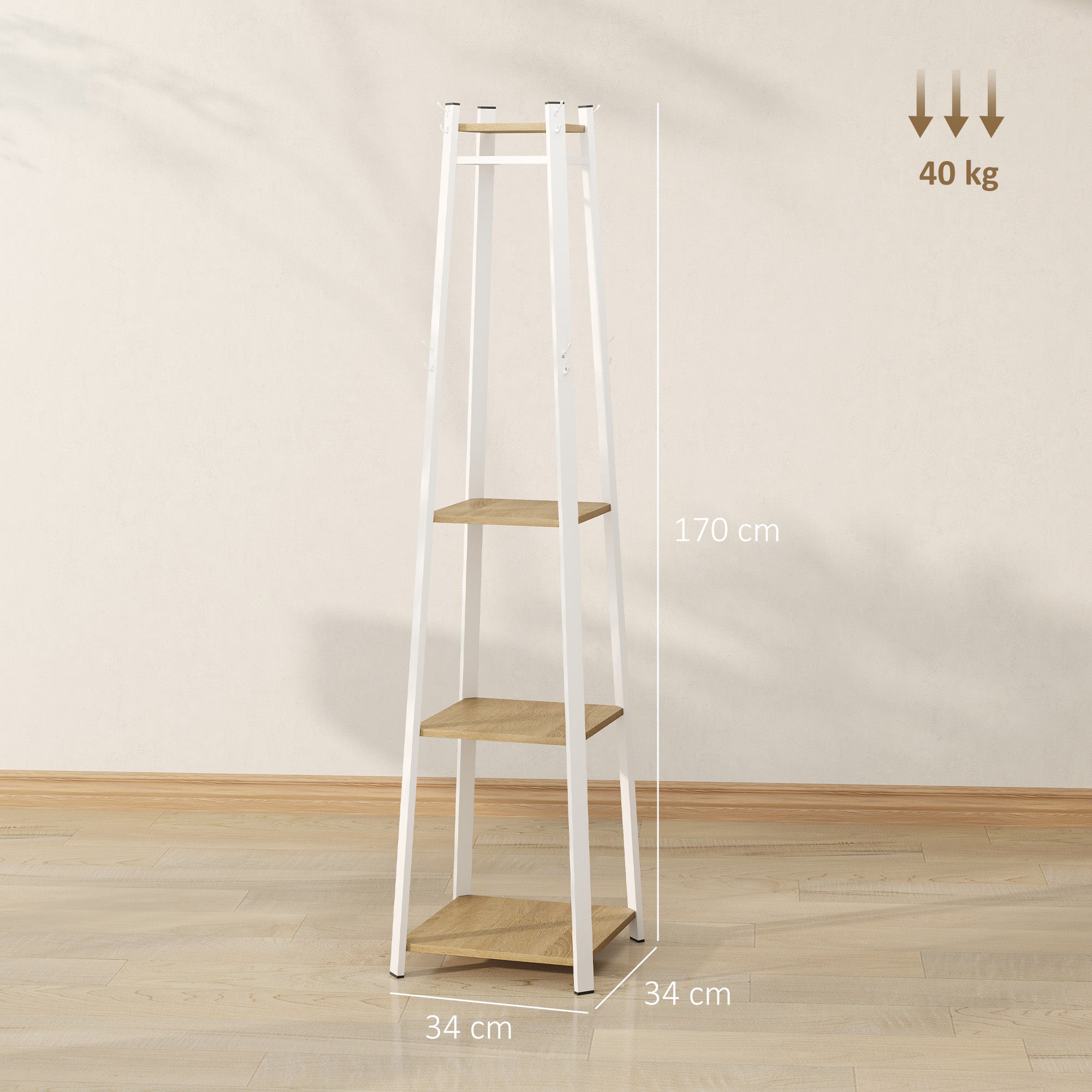 HOMCOM Compact Freestanding Coat Rack -  White/Oak