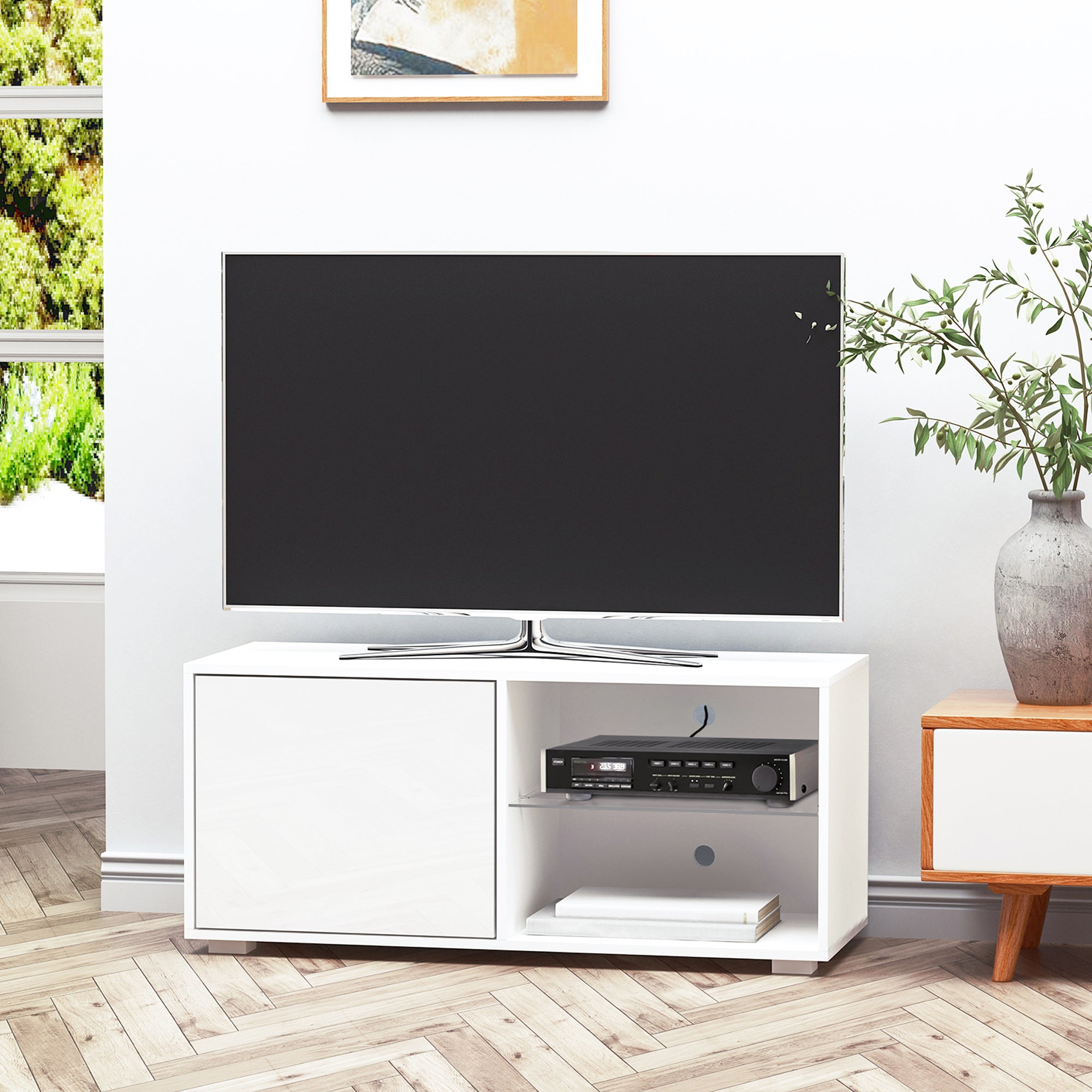HOMCOM High Gloss TV Stand Storage Cabinet with 2 Shelves for Living Room Home Furniture White 