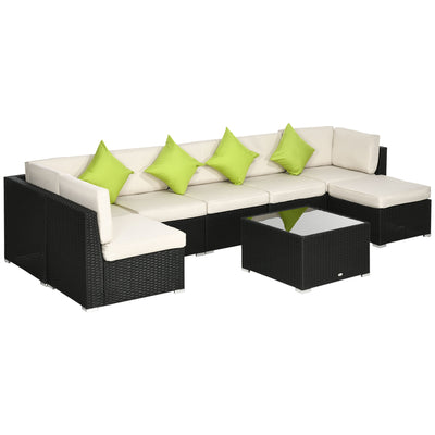 Outsunny 8 Pieces PE Rattan Corner Sofa Set, Outdoor Garden Furniture Set, Patio Wicker Sofa Seater w/ Cushion, Washable Cushion Cover & Tempered Glass Table, Black 