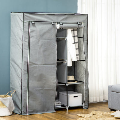 HOMCOM Fabric Wardrobe, Portable Wardrobe, Clothes Storage Unit with 8 Shelves, 2 Hanging Rods, 125 x 43 x 162.5 cm, Light Grey 