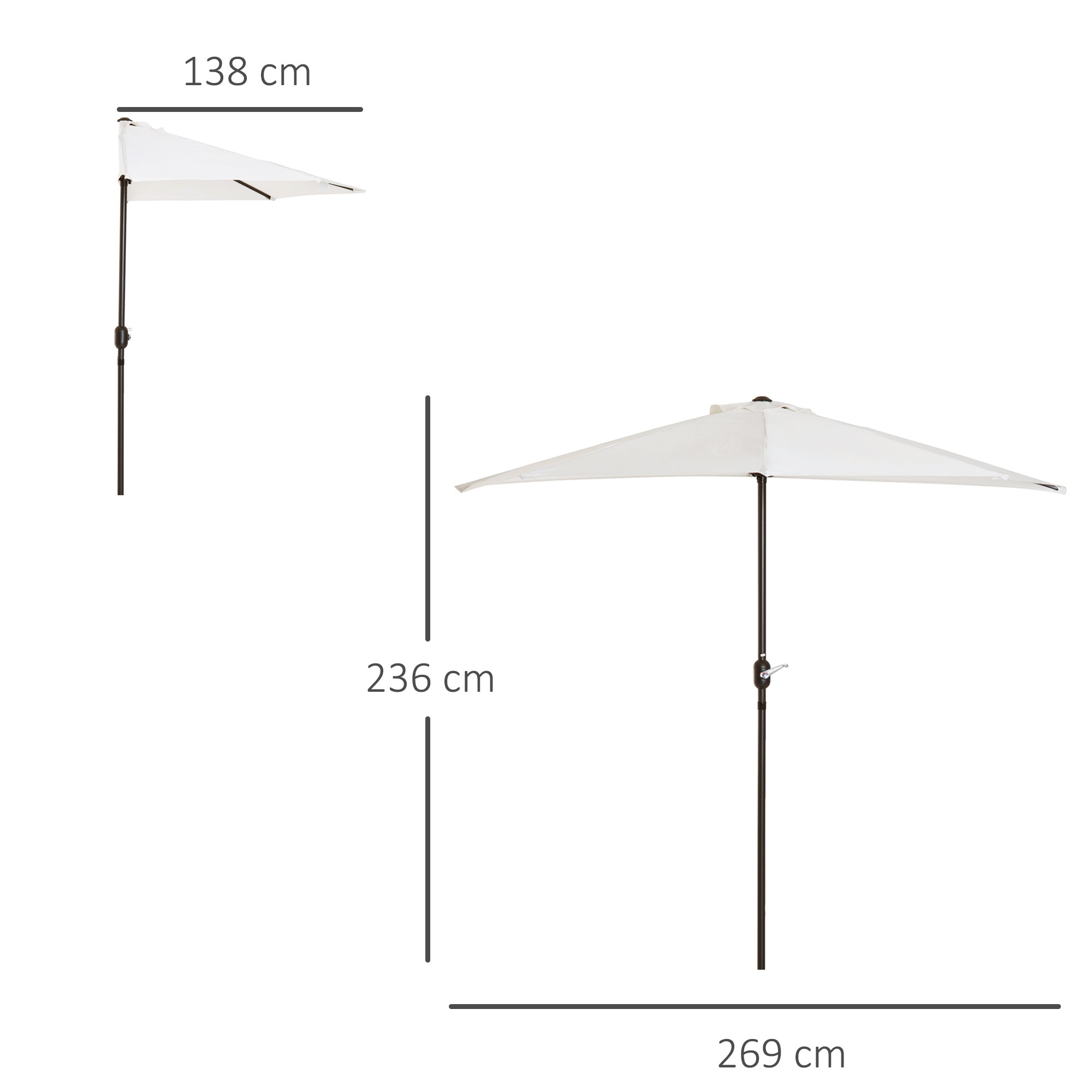 Outsunny 2.7m Garden Half Parasol, Outdoor Balcony Umbrella with 5 Steel Ribs, Patio Sun Shade, Cream White 