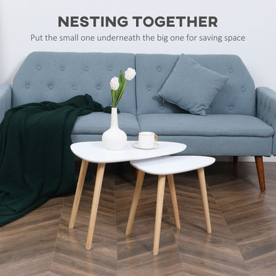 HOMCOM Nesting Coffee Table, Set of 2 Side Tables, Stacking End Tables with Solid Wood Legs, for Living Room Bedroom, White 