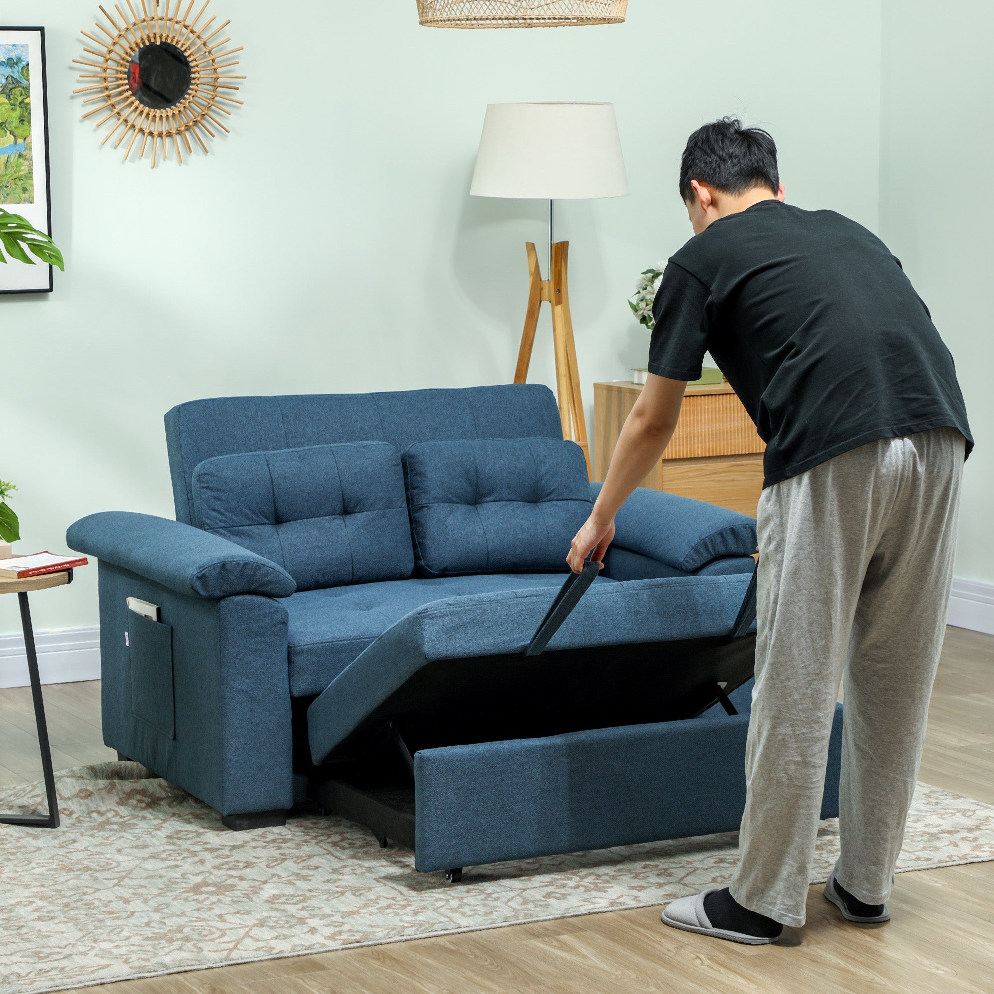 HOMCOM Pull Out Sofa Bed with 2 Pocket Springs, Fabric 2 Seater Click Clack Sofa Bed Settee, Convertible Sofa Couch with Pillows and Side Pockets for Living Room, Home Office, Blue 