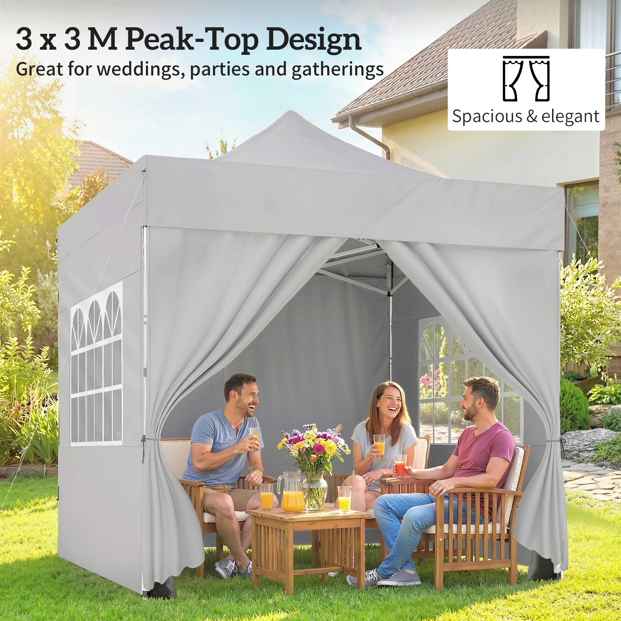 Outsunny 3 x 3 m Pop Up Gazebo with Sidewalls, UPF50+ Heavy Duty Garden Party Tent Marquee with Wheeled Carry Bag, Silver Grey 
