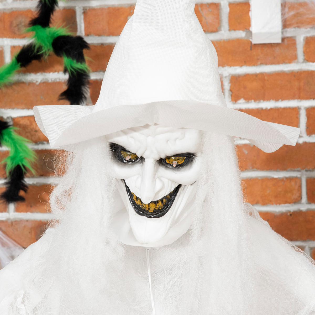 Outsunny 74 Inch Halloween Decorations White Witch Holding Pumpkin Head, Standing Skeleton Ghost Prop Life Size with Light Up Eyes and Body 