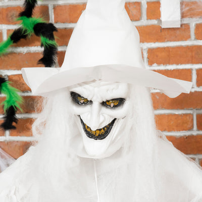 Outsunny 74 Inch Halloween Decorations White Witch Holding Pumpkin Head, Standing Skeleton Ghost Prop Life Size with Light Up Eyes and Body 