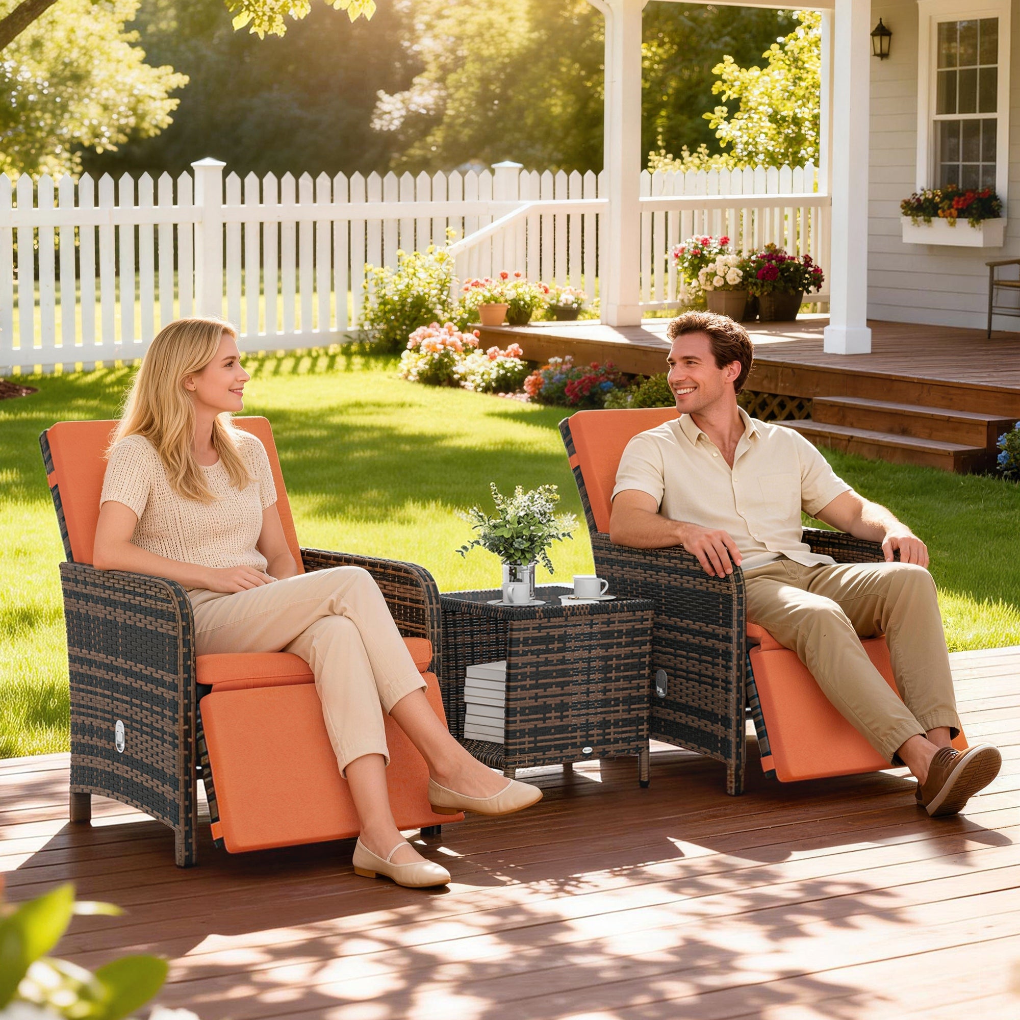 Outsunny 3 Pieces Rattan Bistro Set Balcony Furniture with Cushions, Storage Function - Orange 