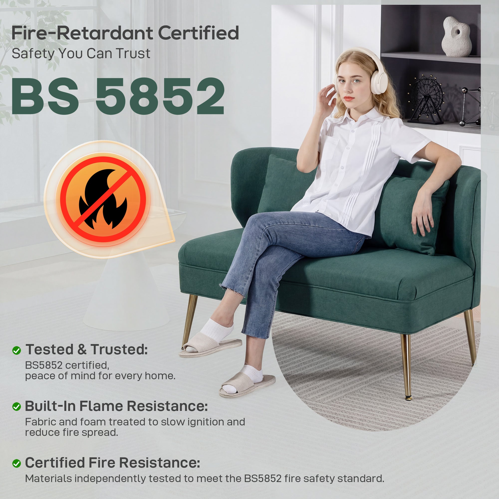 HOMCOM 2 Seater Sofa, Linen-look Fabric Small Sofa with Wing Back, Thick Seat, Metal Legs, Dark Green 