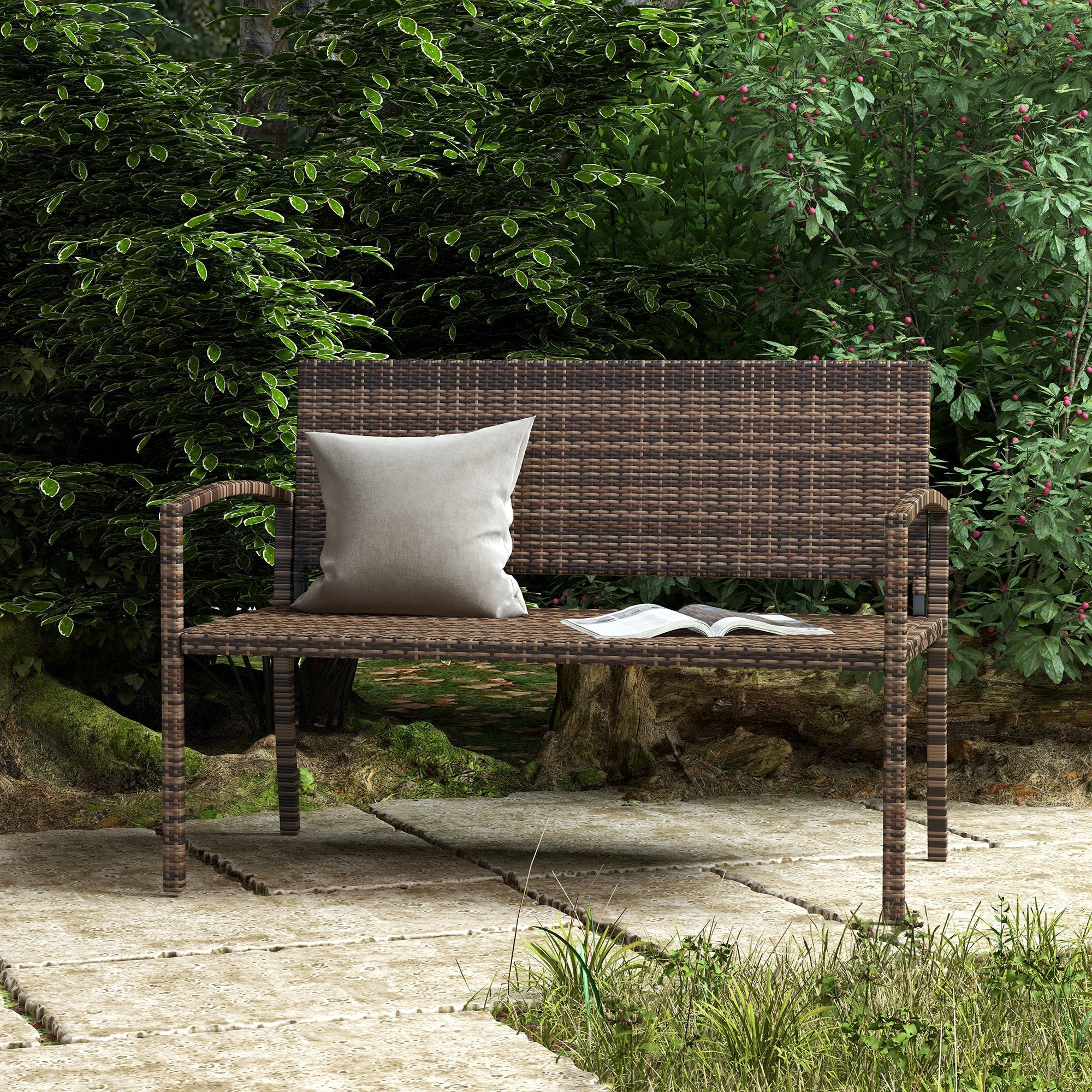 Outsunny All Weather Wicker Garden Loveseat, 2 Seater Poly Rattan Garden Bench, Outdoor Seating Bench Brown 