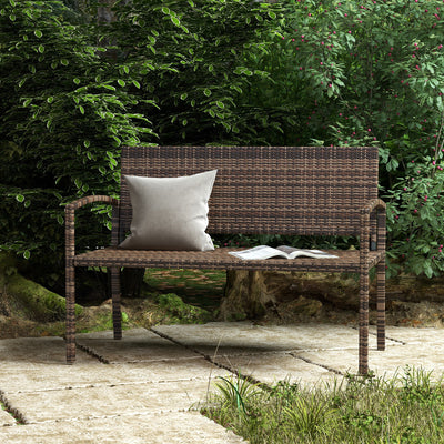 Outsunny All Weather Wicker Garden Loveseat, 2 Seater Poly Rattan Garden Bench, Outdoor Seating Bench Brown 