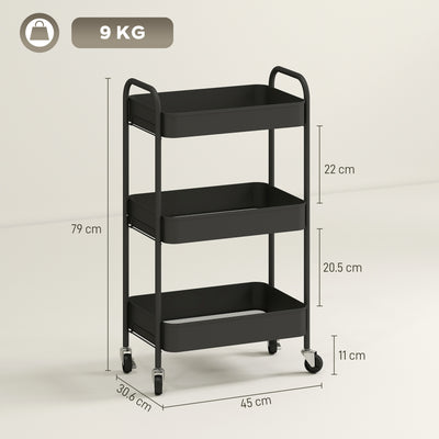 HOMCOM Three-Tier Steel Storage Trolley - Black 