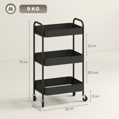 HOMCOM Three-Tier Steel Storage Trolley - Black
