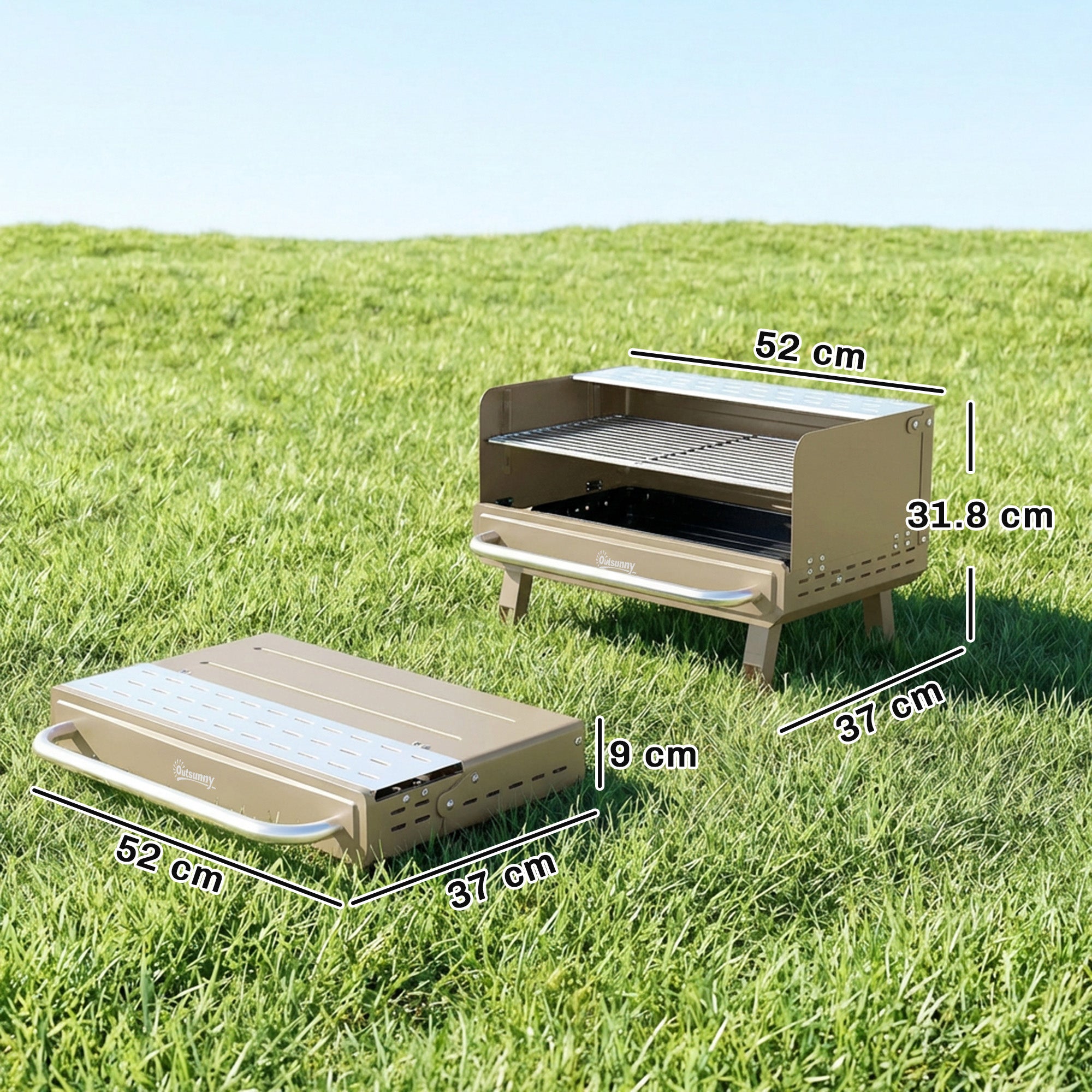 Outsunny Portable BBQ Grill, Charcoal Barbecue Grill with Adjustable Grates, Foldable Legs, Side Shelf for Camping Travel, Khaki 