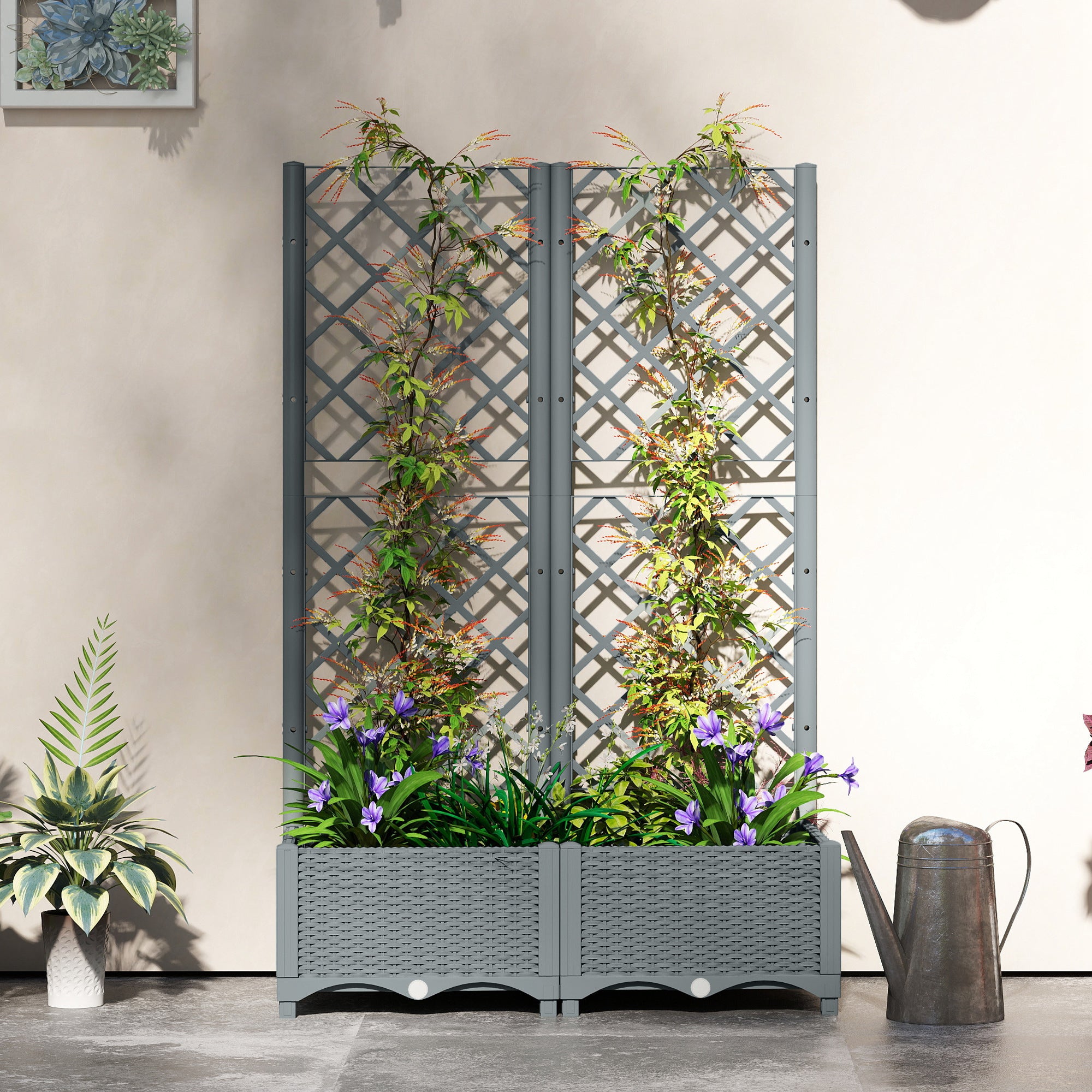 Outsunny Raised Garden Bed with Trellis, Plastic Planter Box with Drainage Holes, Drain Plugs and Water Reservoirs for Climbing Plants, Vegetables, Flowers, Grey 