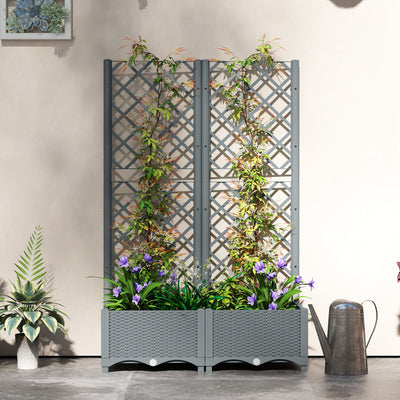 Outsunny Raised Garden Bed with Trellis, Plastic Planter Box with Drainage Holes, Drain Plugs and Water Reservoirs for Climbing Plants, Vegetables, Flowers, Grey 