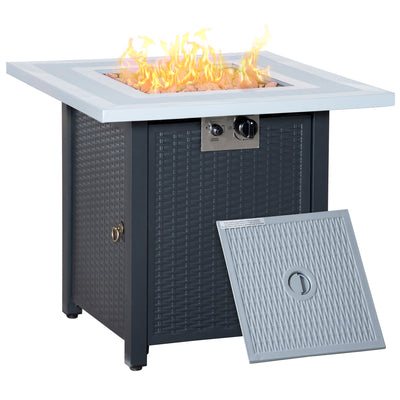 Outsunny Square Propane Gas Fire Pit Table, 40000 BTU Rattan Smokeless Firepit Patio Heater with Lava Rocks and Lid, 71cm x 71cm x 62cm, Black 
