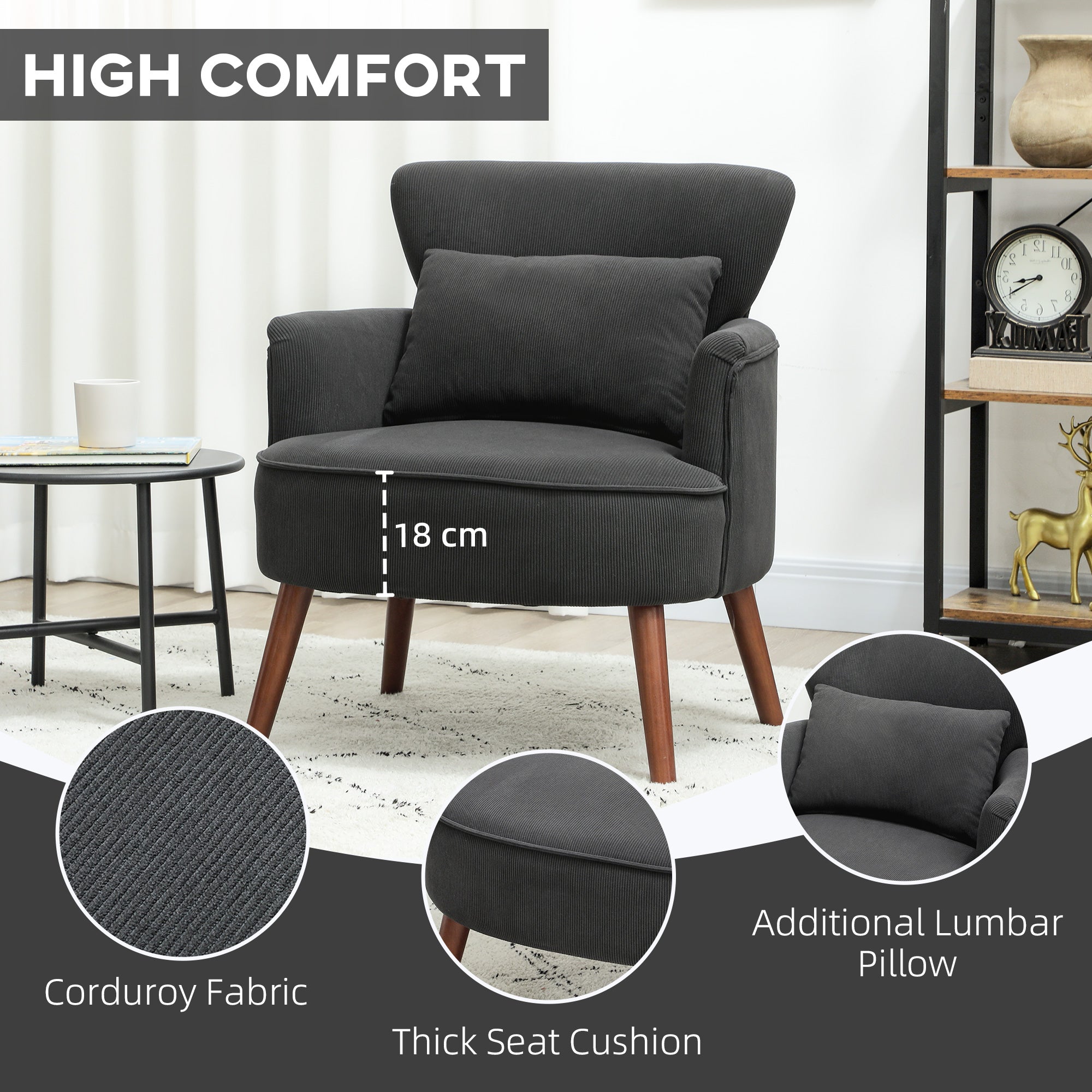 HOMCOM Corduroy Retro Accent Chair - Black 