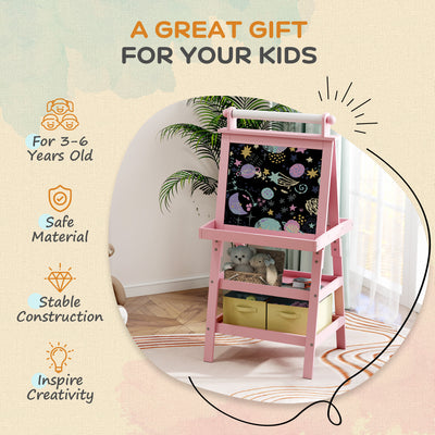 AIYAPLAY 3 in 1 Kids Easel Double-Sided Magnetic Whiteboard and Chalkboard with Paper Roll, Storage Baskets - Pink 