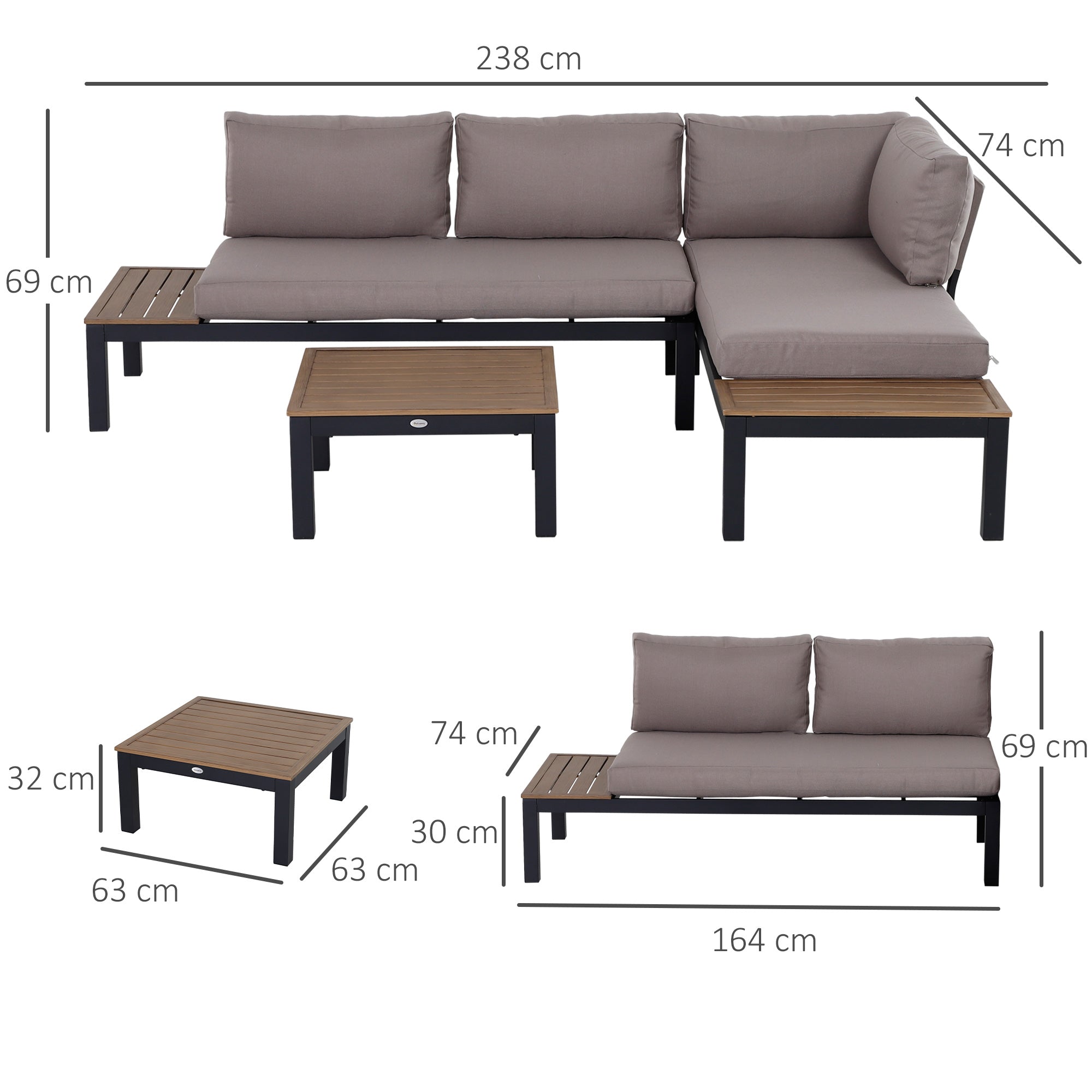 Outsunny 3 Pieces Garden Furniture Set, Aluminium 4 Seater Corner Sofa Set with 2 Loveseats, Coffee Table and Side Trays, Outdoor Conversation Furniture with Cushions for Garden, Black 