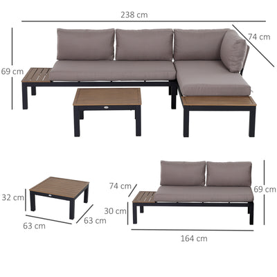 Outsunny 3 Pieces Garden Furniture Set, Aluminium 4 Seater Corner Sofa Set with 2 Loveseats, Coffee Table and Side Trays, Outdoor Conversation Furniture with Cushions for Garden, Black 