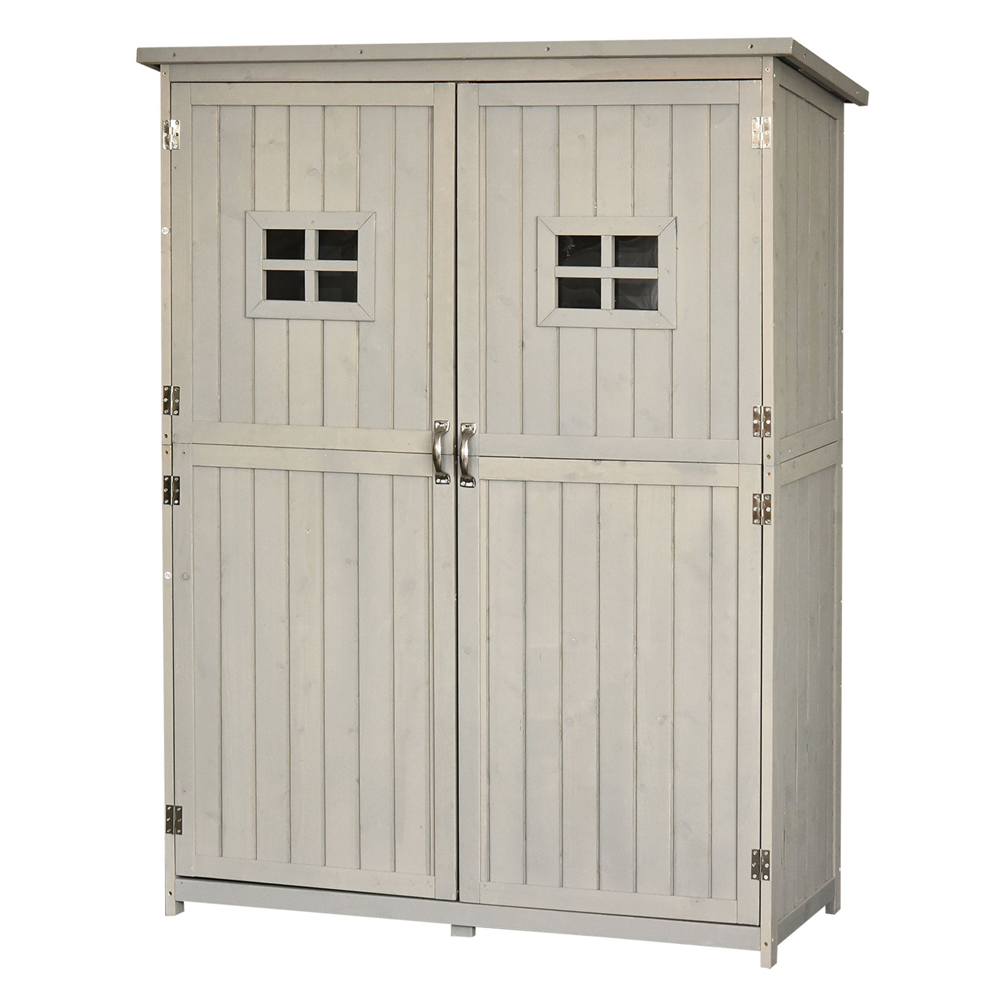 Outsunny Wooden Garden Shed with Two Windows, Tool Storage Cabinet, Outdoor Double Door Organizer 127.5L x 50W x 164H cm, Grey 
