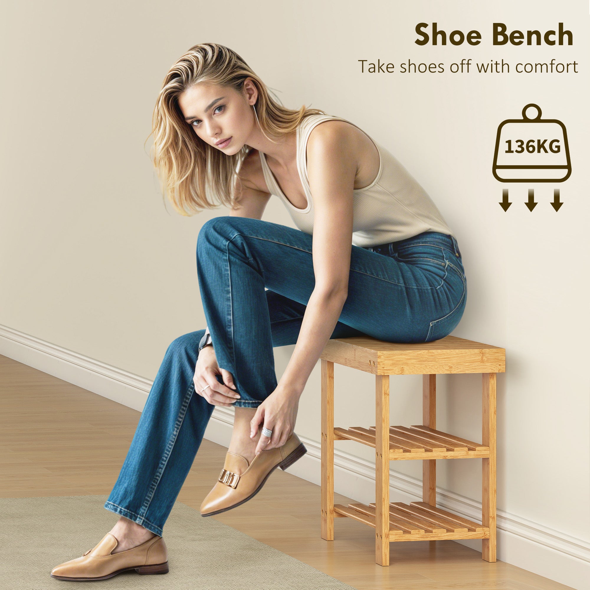 HOMCOM Two Shelf Bamboo Shoe Storage Bench - Natural Finish 