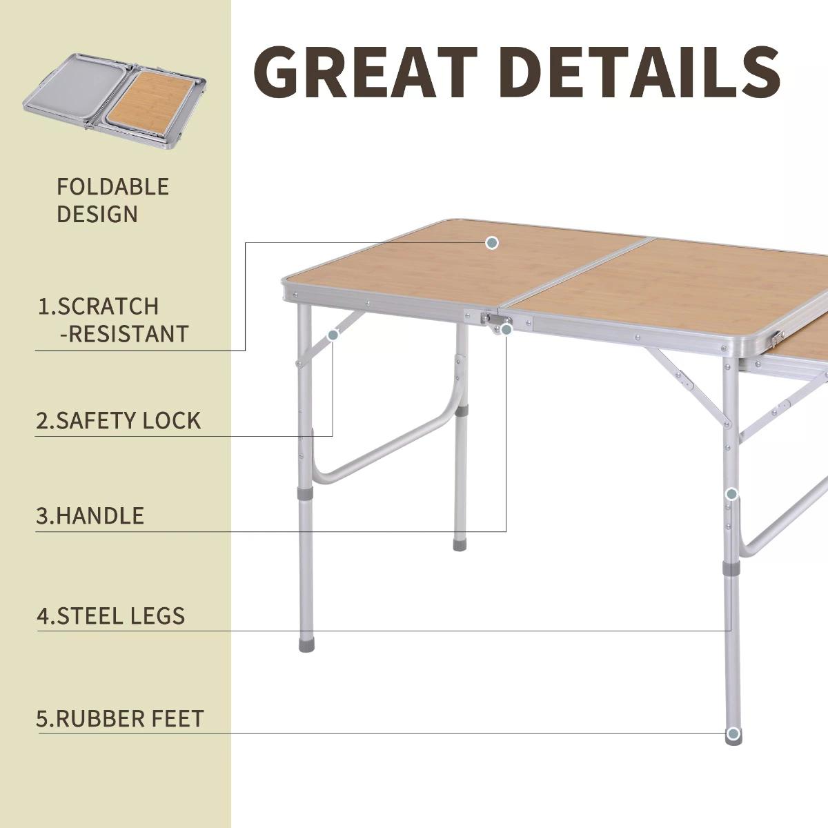 Outsunny 3ft Aluminium MDF-Top Folding Picnic Table Portable Camping Table 