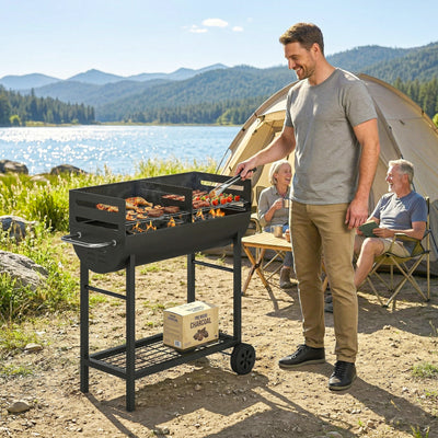 Outsunny Charcoal Barbecue Grill with 2 Cooking Areas, Portable BBQ Trolley with Wheels, Height Adjustable Grates, Bottom Shelf 