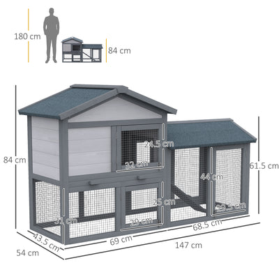 PawHut Wooden Rabbit Hutch Outdoor, Double Tier with Water-Resistant Roof, Ramp 147 x 54 x 84 cm, Grey 