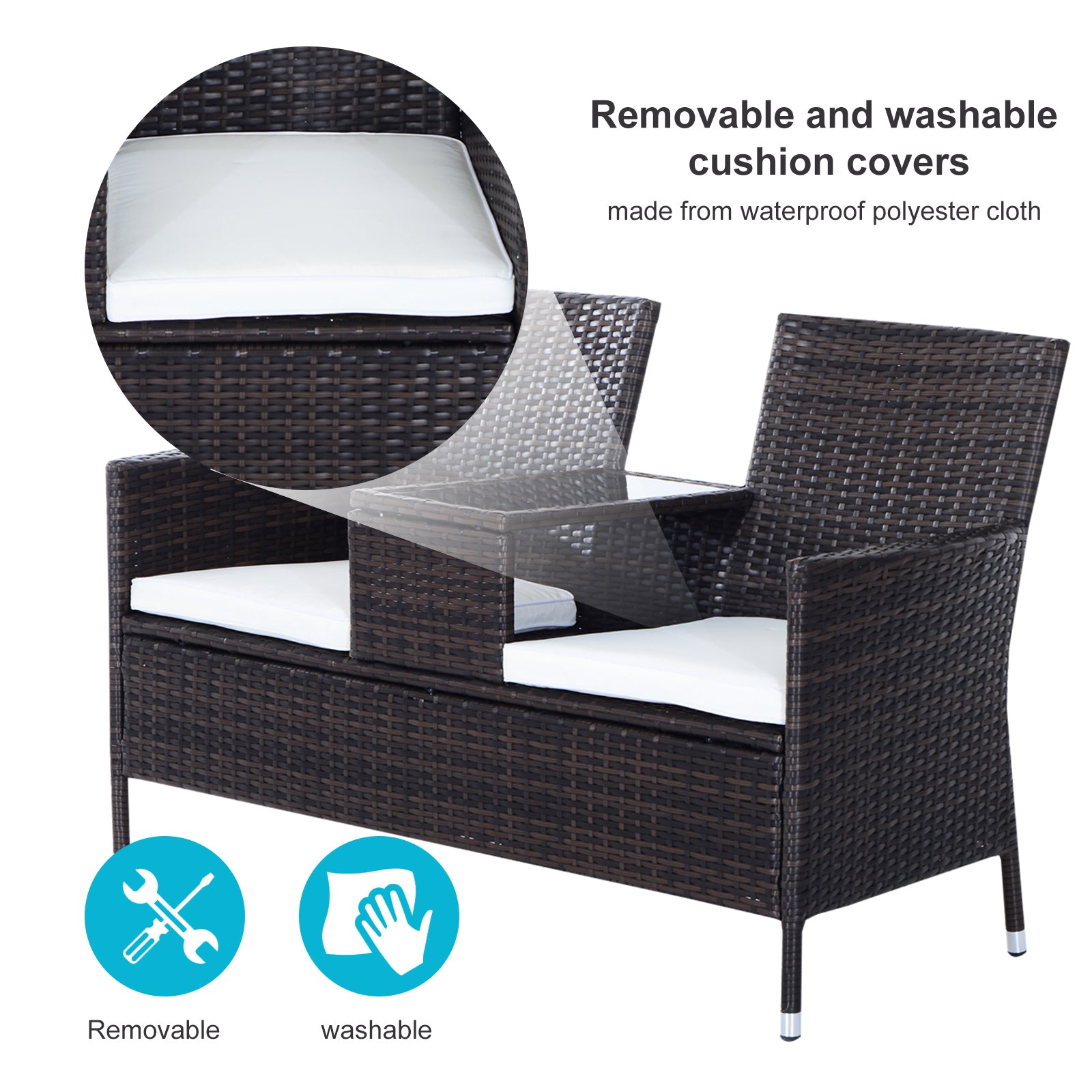 Outsunny 2-Seater Rattan Chair Furniture Set W/ Middle Tea Table-Brown 
