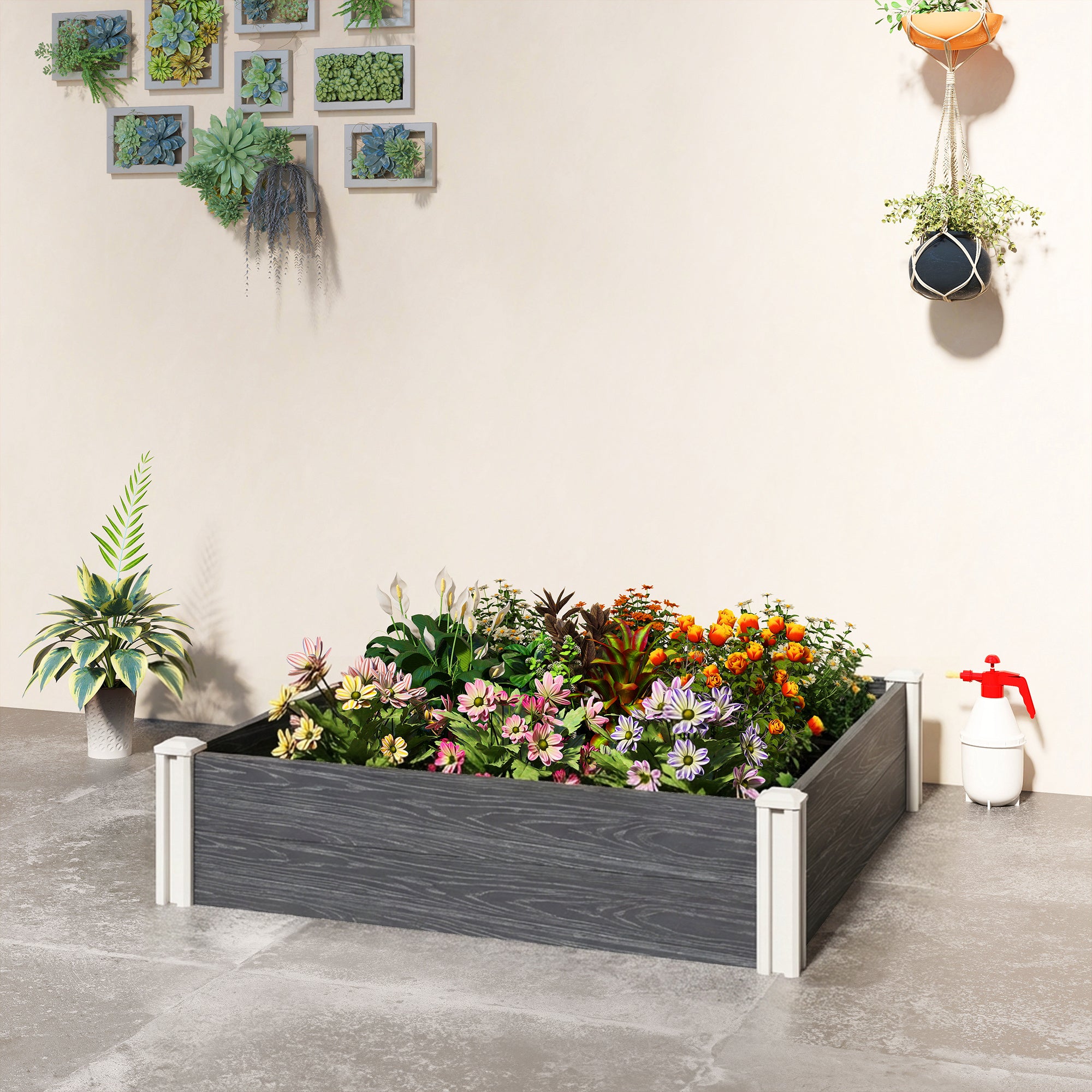 Outsunny Vinyl Raised Garden Bed Kit, 3 x 3 x 1ft Modular Elevated Garden Box with Slotting Legs and Open Bottom, Dark Grey 