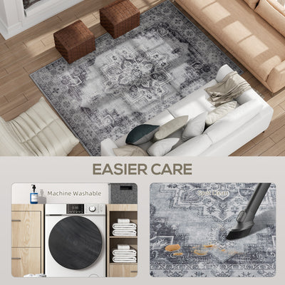 HOMCOM Vintage Area Rug, Non-Slip Washable Rug, Flannel Floor Carpet for Living Room, Bedroom, Dining Room, Home Office, 230 x 160 cm, Grey 