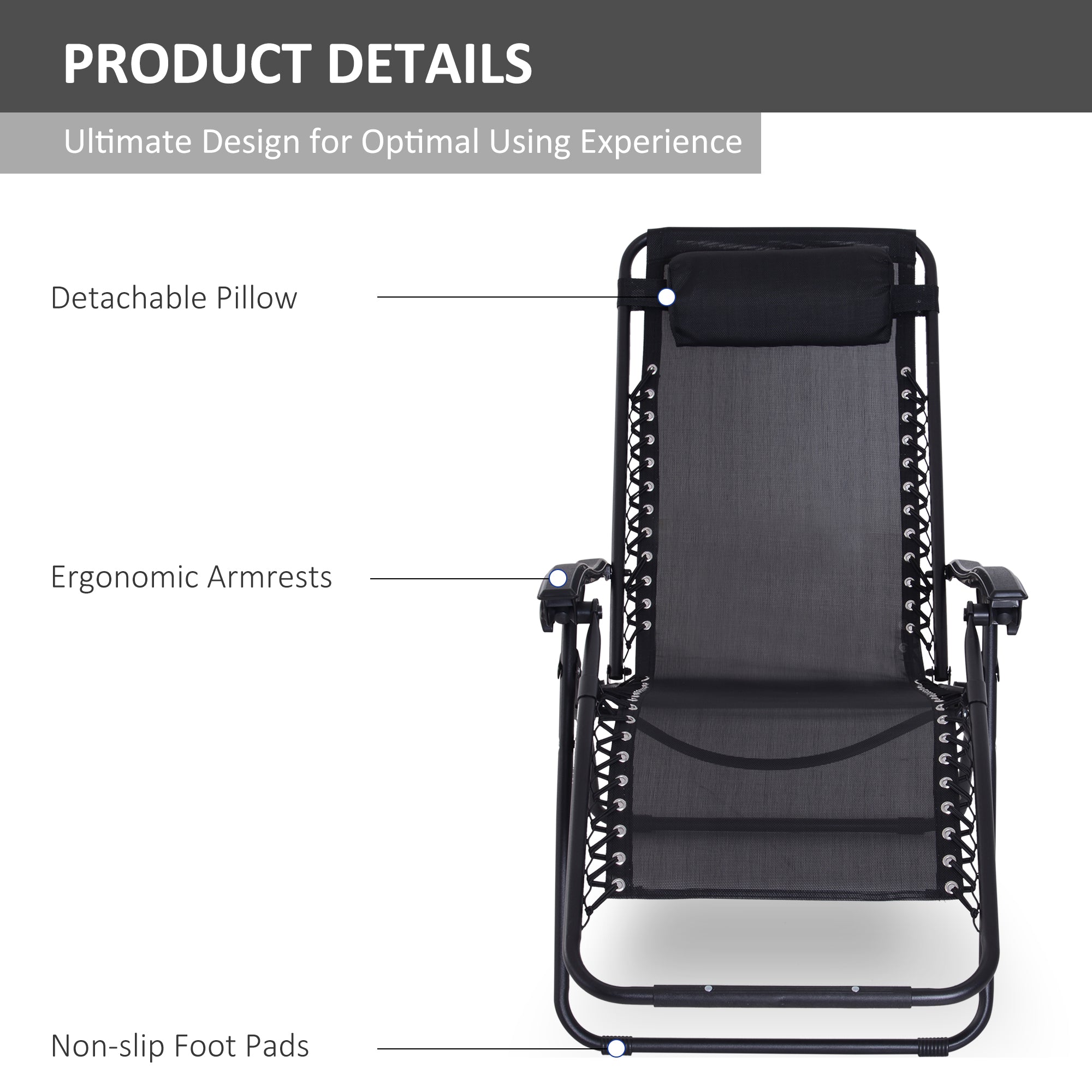 Outsunny Zero Gravity Chair Metal Frame Texteline Armchair Outdoor Folding and Reclining Sun Lounger with Head Pillow for Patio Decking Gardens Camping, Black 