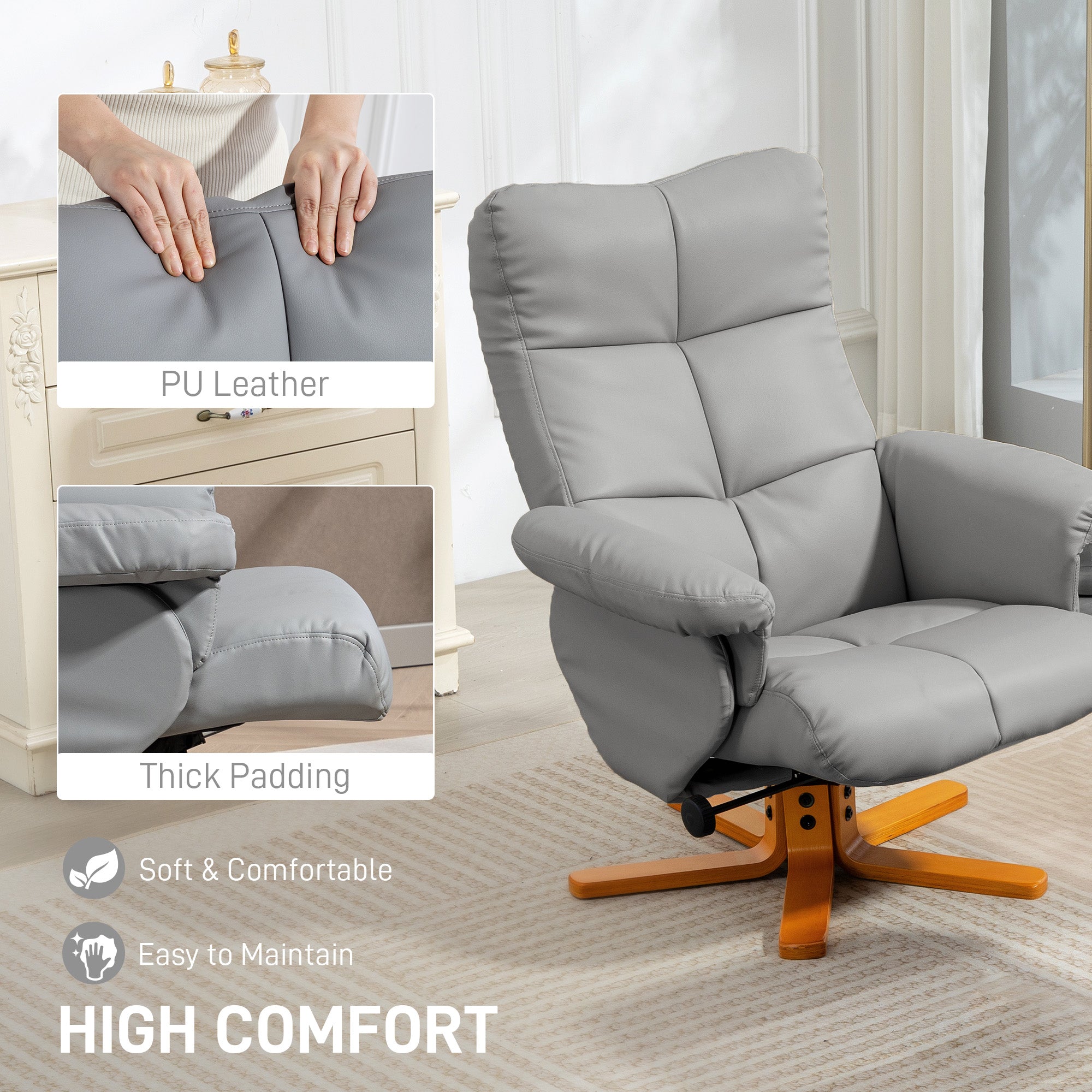 HOMCOM PU Leather Swivel Recliner Chair with Footstool, Wooden Base and Storage for Living Room, Light Grey 