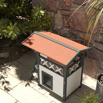 PawHut Cat House Outdoor w/ Balcony Stairs Roof, 77 x 50 x 73 cm, White 