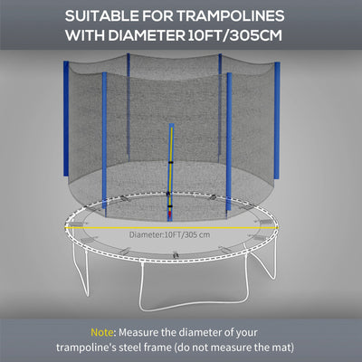 SPORTNOW 10ft Trampoline Net Replacement with 6 Plastic Pole Covers, Weather-Resistant Trampoline Netting Replacement with Zipped Entrance, Poles Not Included, Blue 